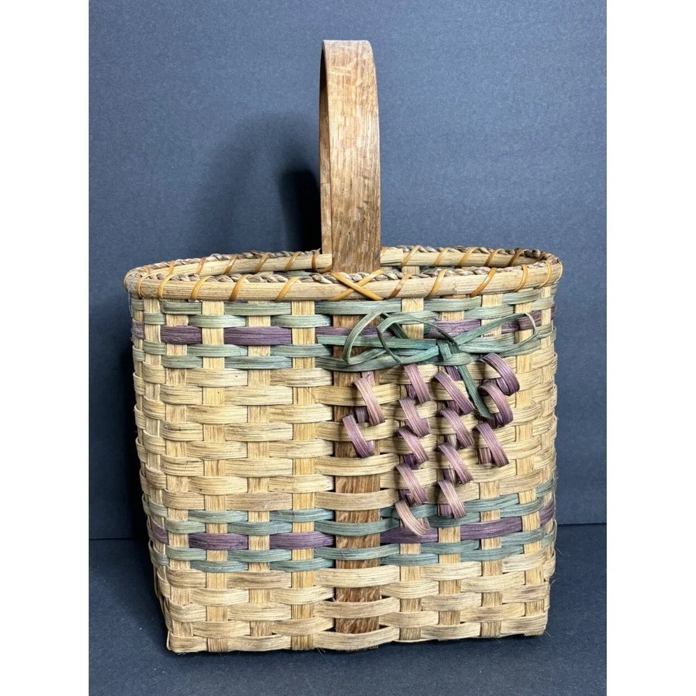 Vintage Handmade Split Wood Basket Divided Bow Design 14